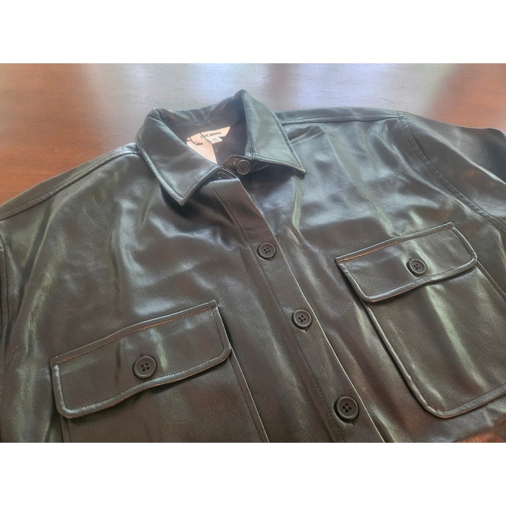 Steve Madden Faux Leather Shacket Womens Medium Black Button Down BM308104